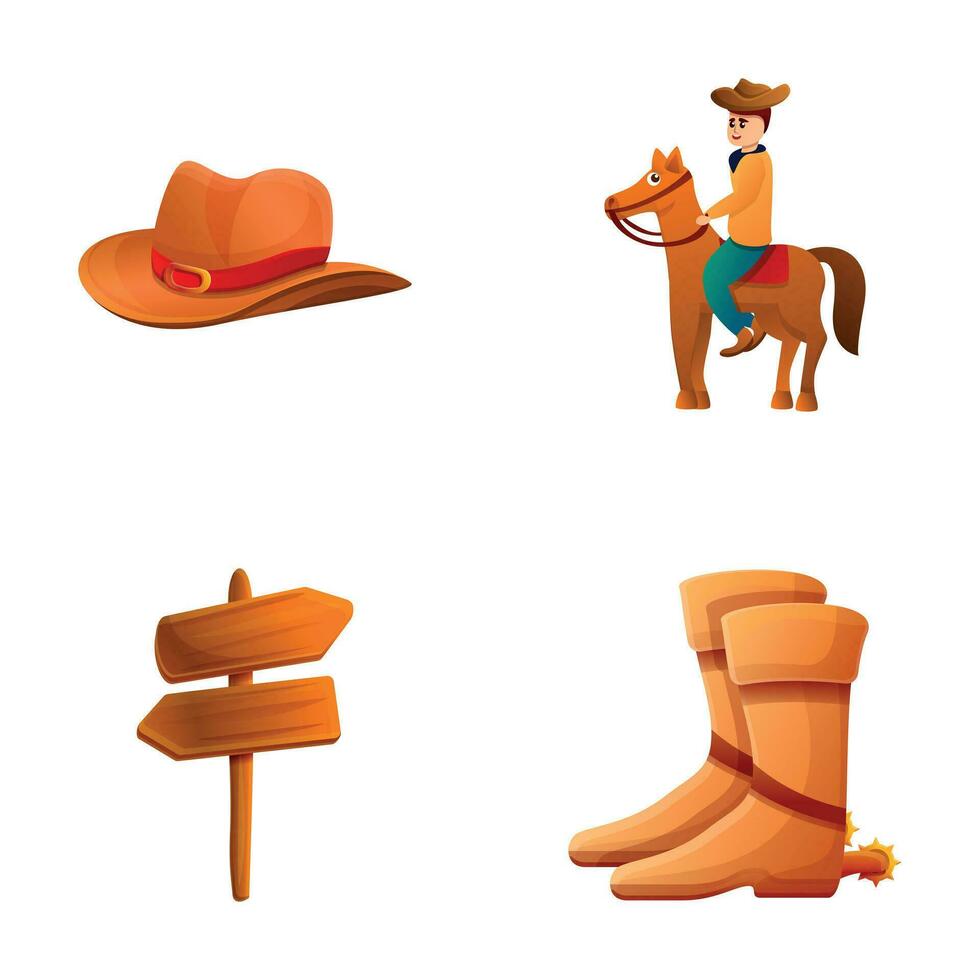 cowboy karakter pictogrammen reeks tekenfilm vector. wild west vector