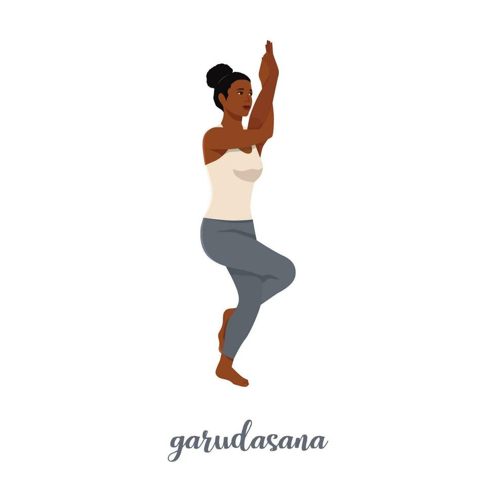 vrouw aan het doen garudasana of adelaar yoga houding. hatha yoga. gymnastiek opleiding. vector