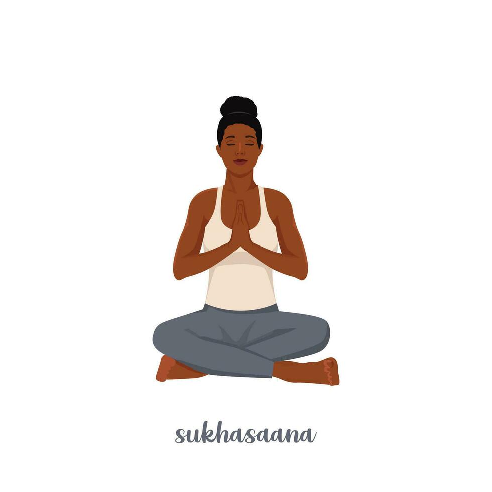 vrouw die sukhasana-yoga doet. mediteren in lotushouding, ontspanningsoefening, gemakkelijke zithouding. asana. platte vectorillustratie geïsoleerd op een witte achtergrond vector