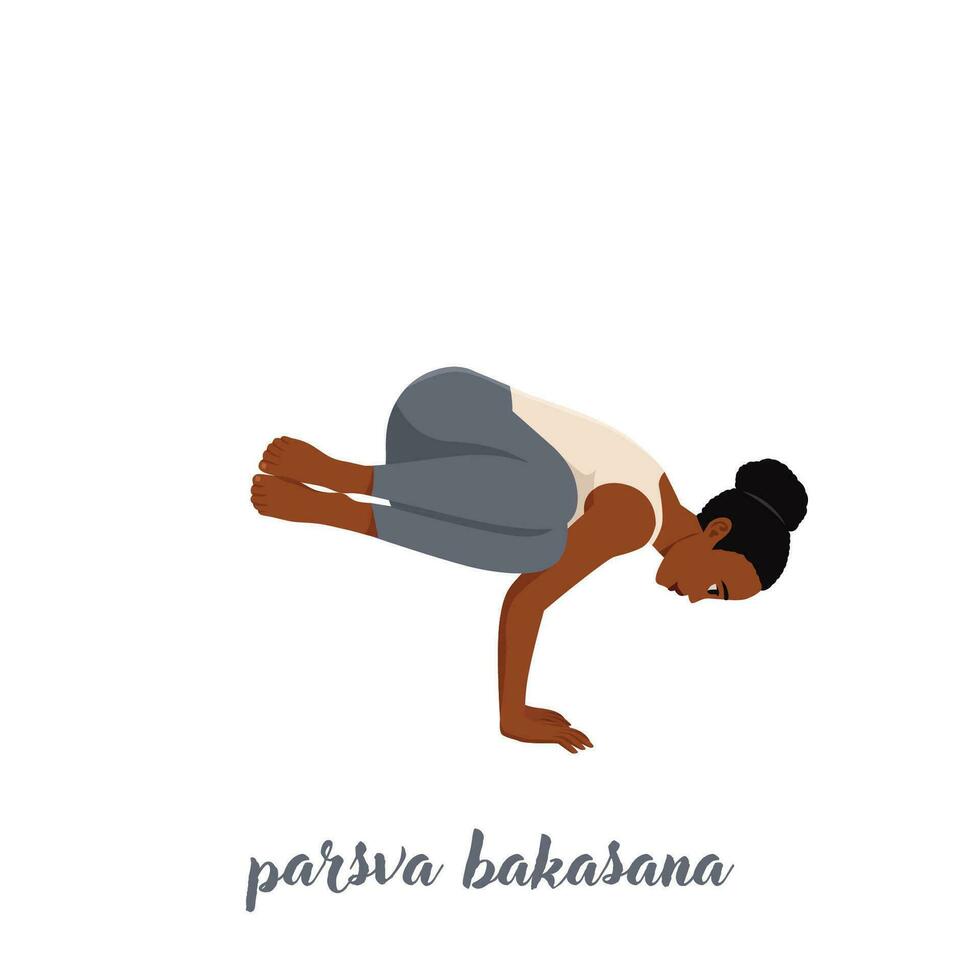 vrouw doet kant kraan pose op witte achtergrond. parsva bakasana-oefening. evenwicht en ontspanning. platte vectorillustratie geïsoleerd op een witte achtergrond vector