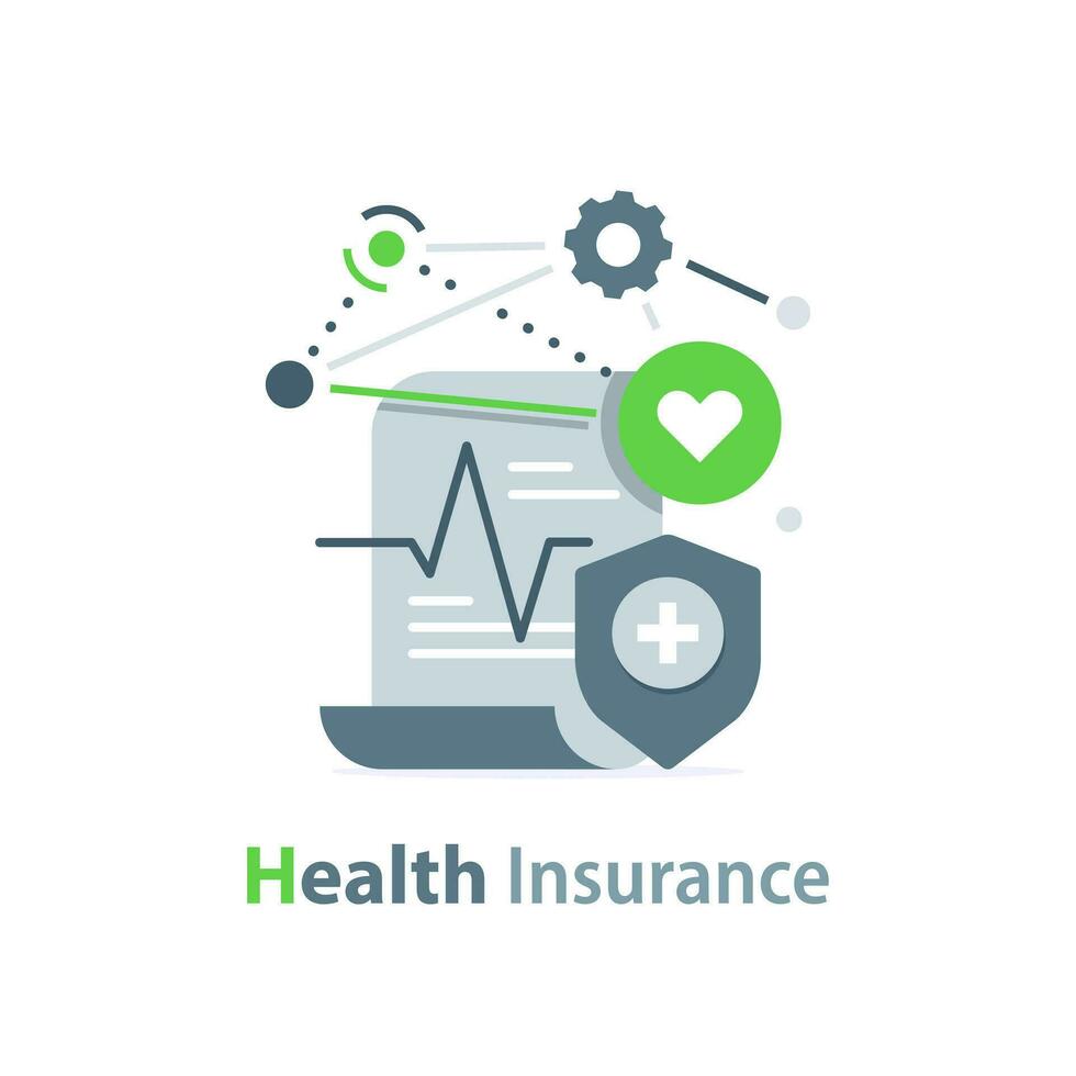 Gezondheid verzekering, checklist klembord en schild, medisch programma, jaarlijks controle, ziek vertrekken vector