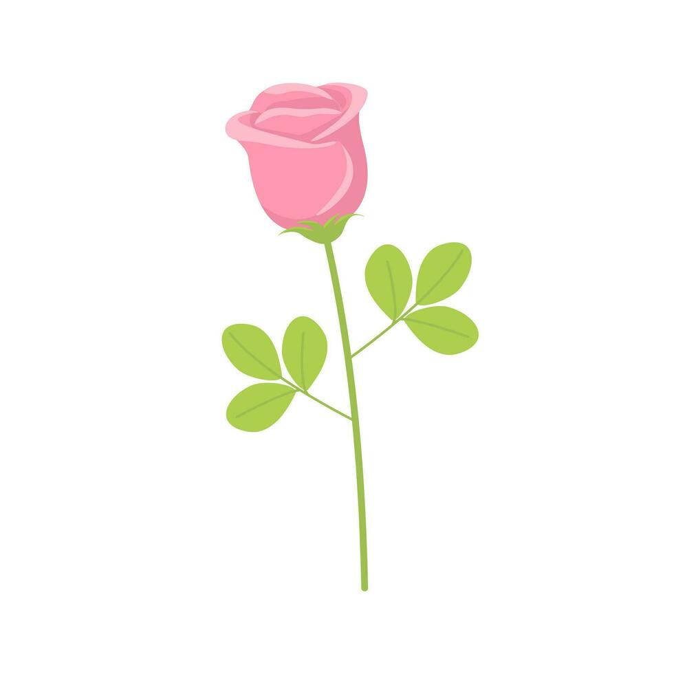 roze roos bloem stam met groen bladeren. liefde symbool en geschenk voor Valentijnsdag dag. vector illustratie geïsoleerd Aan wit achtergrond. gedetailleerd tekenfilm element voor vakantie patronen, verpakking, ontwerpen