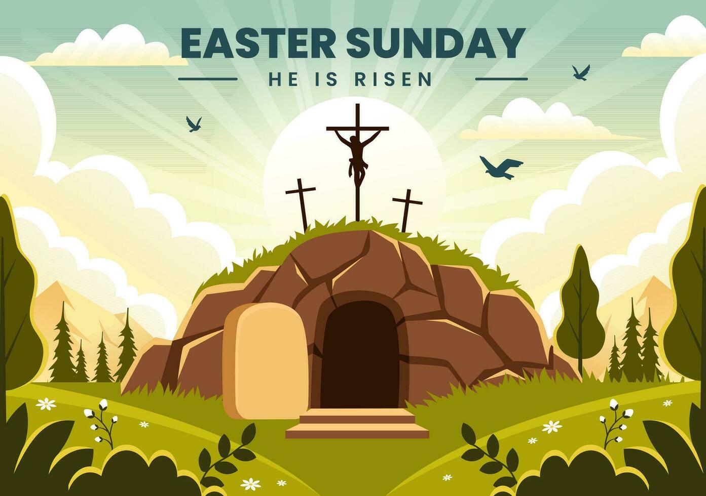 gelukkig Pasen zondag vector illustratie van Jezus, hij is opgestaan en viering van opstanding met grot en de kruis in vlak tekenfilm achtergrond