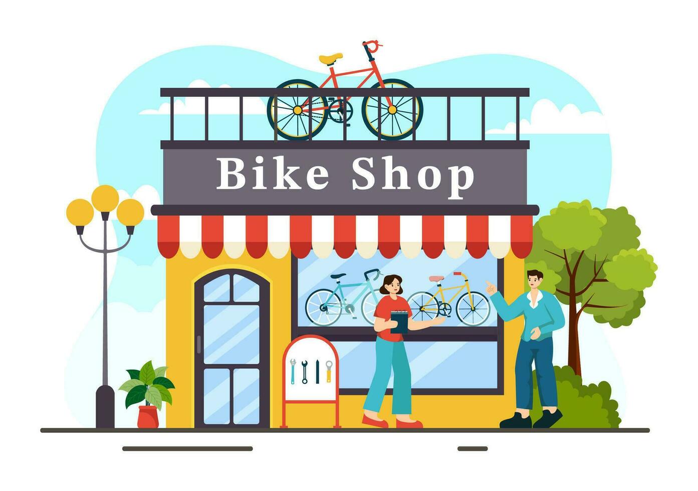 fiets winkel vector illustratie met klanten mensen kiezen cycli, accessoires of uitrusting uitrusting voor rijden in vlak tekenfilm achtergrond ontwerp