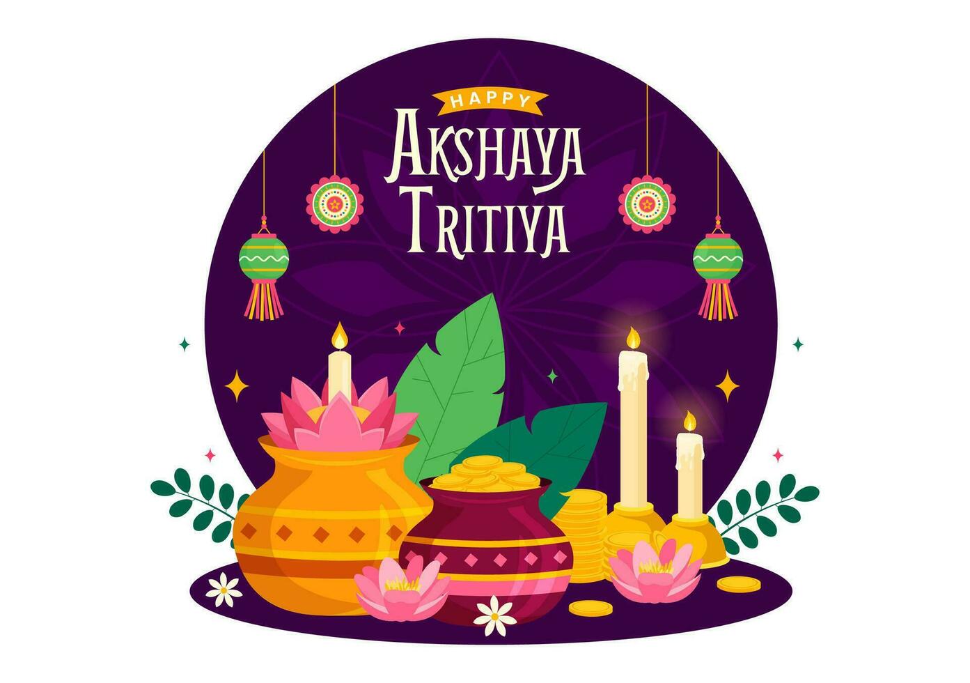 akshaya tritiya festival vector illustratie met een gouden kalash, kaars, pot en goud munten voor dhanteras viering in traditioneel Hindoe vakantie