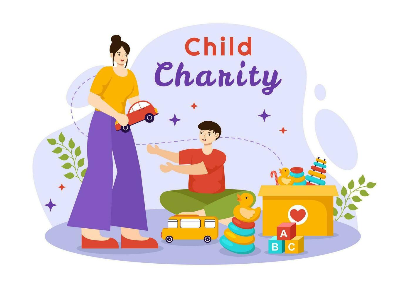 kind liefdadigheid vector illustratie van liefdadigheid ondersteuning en bescherming van kinderen met speelgoed- bijdrage dozen, voedsel en medicijnen humanitair steun