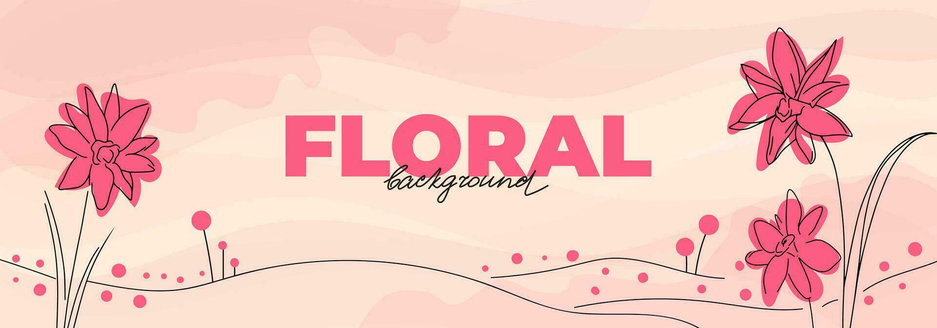 voorjaar banier ontwerp met rood bloemen, lineair en bloemen elementen, waterverf stijl achtergrond. roze botanisch sjabloon met lijn grafiek vector