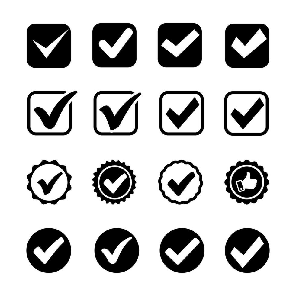 reeks van controleren Mark pictogrammen. profiel verificatie icoon. vinkje facebook, instagram, tiktok en twitteren. vector. geïsoleerd Aan wit achtergrond vector