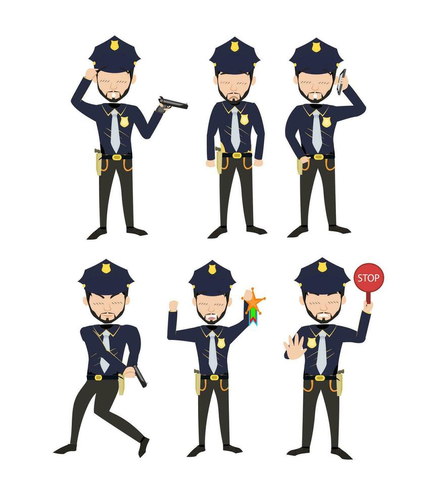mysterieus handhavers - een verzameling van politieagenten illustraties afbeelden dynamisch poses in zwart uniformen vector