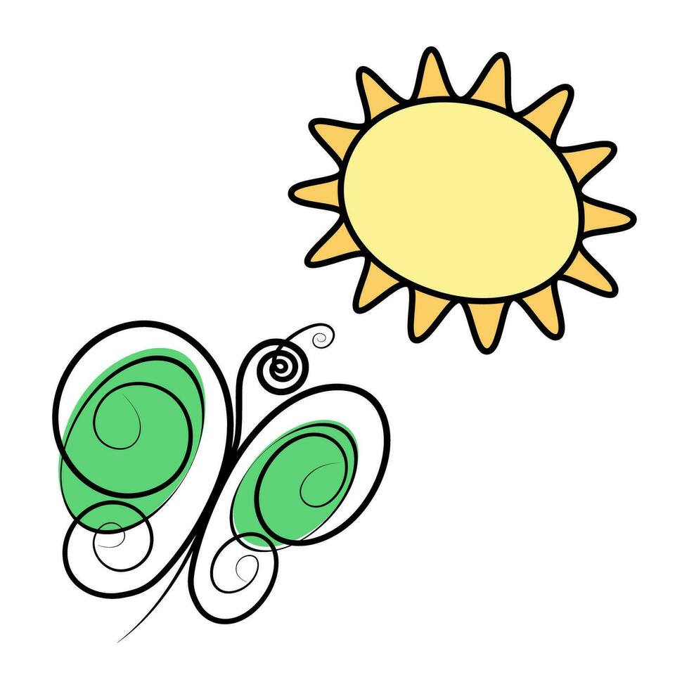 zon en vlinder met vlekken in modieus markeerstift kleuren. gestileerde ontwerp elementen voor lente kaarten vector