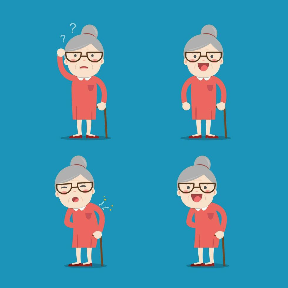 oud dame. grootmoeder in 4 verschillend poseert. vector geïsoleerd illustratie. tekenfilm karakter.
