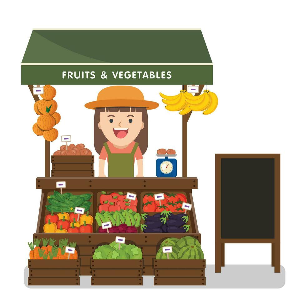 lokaal markt boer verkoop groenten produceren Aan zijn kraam met luifel. modern vlak stijl realistisch vector illustratie geïsoleerd Aan wit achtergrond.