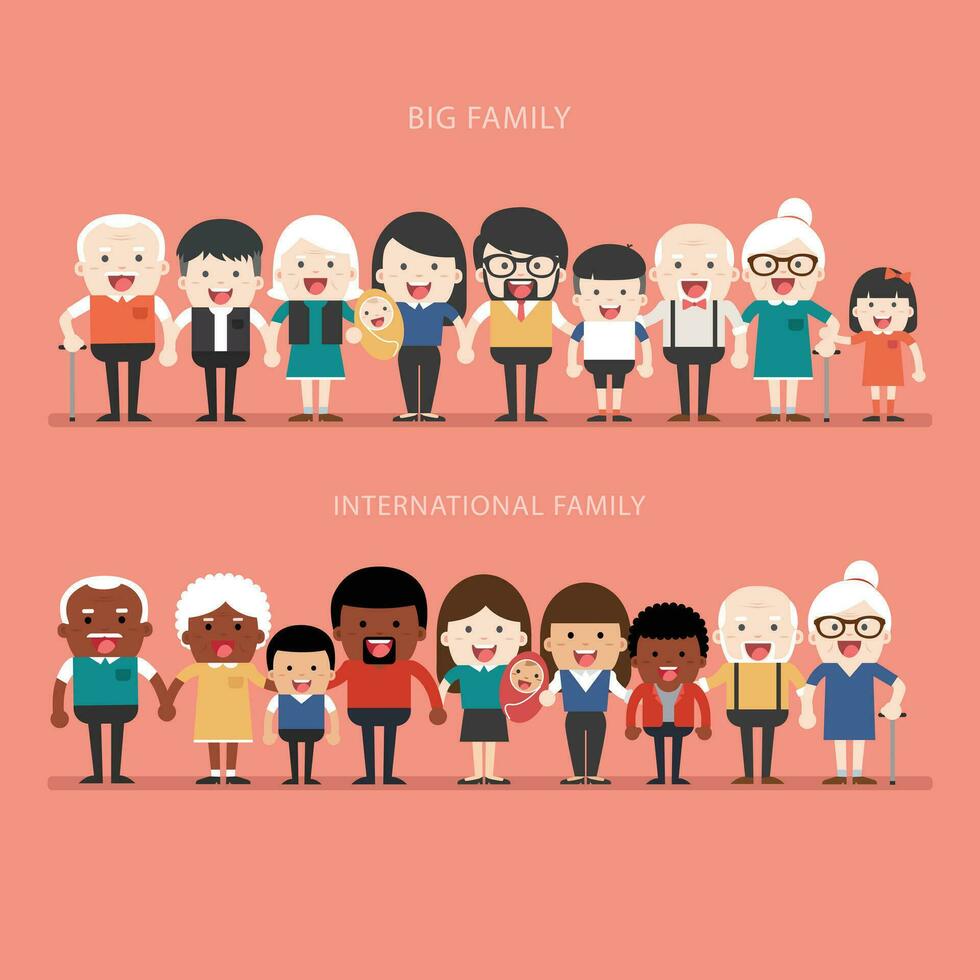 familie concept. groot gelukkig familie en Internationale familie. ouders met kinderen. vader, moeder, kinderen, opa, grootmoeder, broers en zussen, vrouw, echtgenoot, oom, tante vector