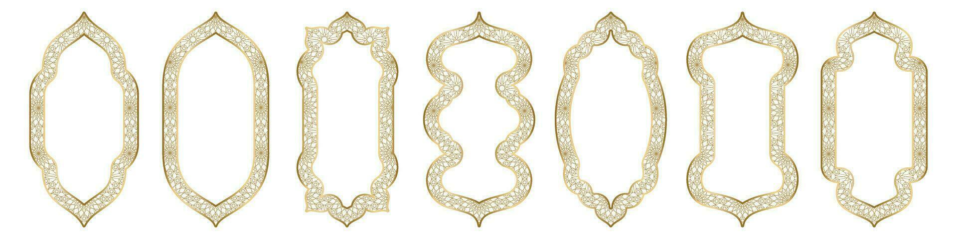 goud boog kader vorm Islamitisch deur of venster met meetkundig girikh patroon, silhouet Arabisch boog. verzameling in oosters stijl. kaders in Arabisch moslim ontwerp voor Ramadan kareem. vector illustratie