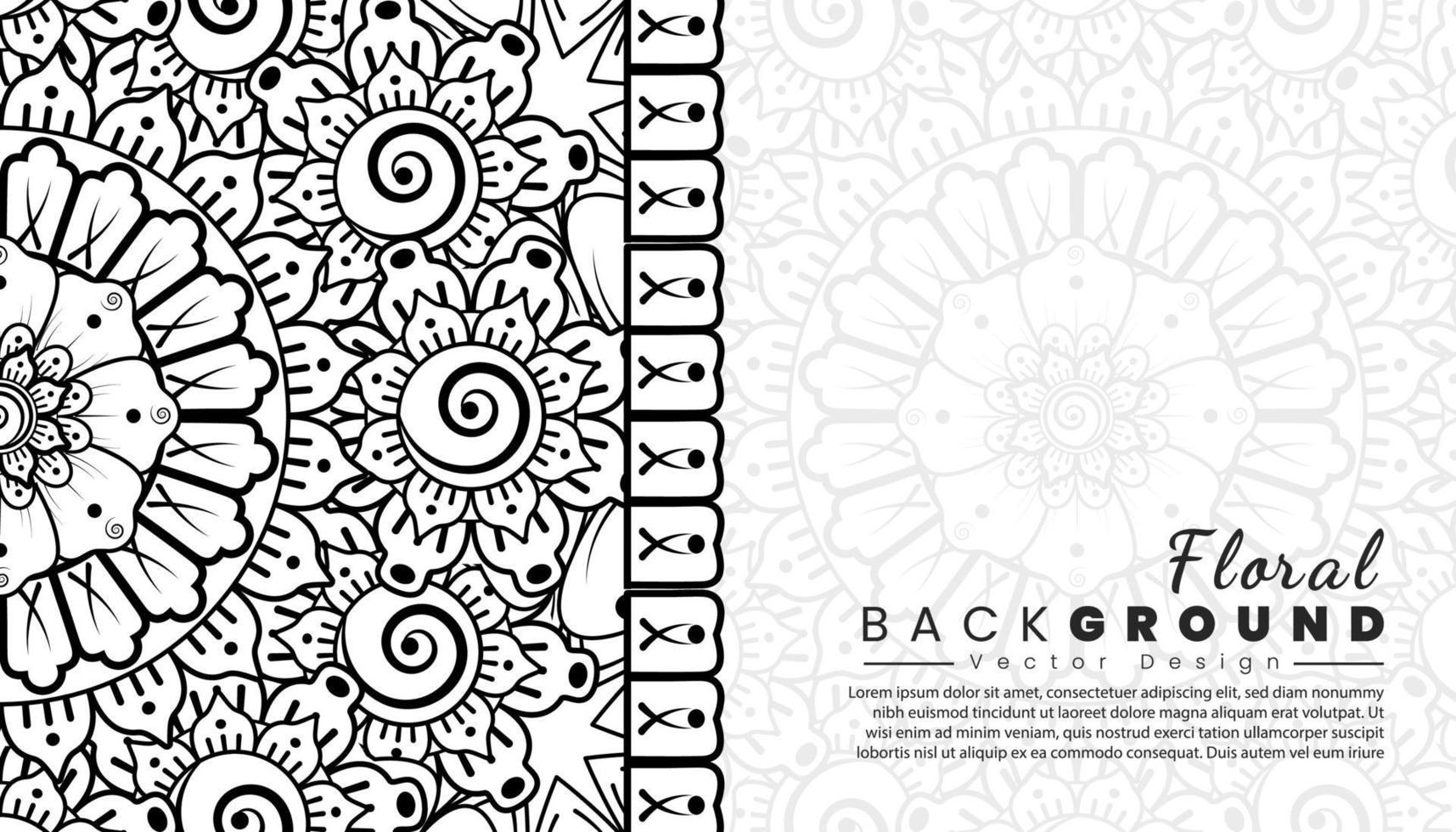 achtergrond met mehndi bloemen. zwarte lijnen op een witte achtergrond. banner of kaartsjabloon vector