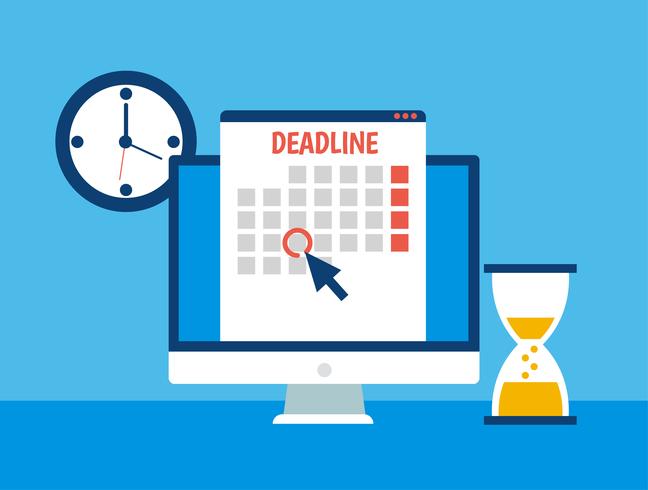 Datums en deadlines banner. Computer met kalender, klok en zandloper. Platte vectorillustratie vector