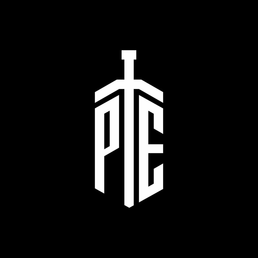 pe logo monogram met zwaard element lint ontwerpsjabloon vector