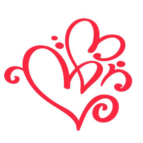 Twee rode geliefden hart. Handgemaakte vector kalligrafie. Decor voor wenskaart voor Valentijnsdag, mok, foto overlays, t-shirt afdrukken, flyer, posterontwerp