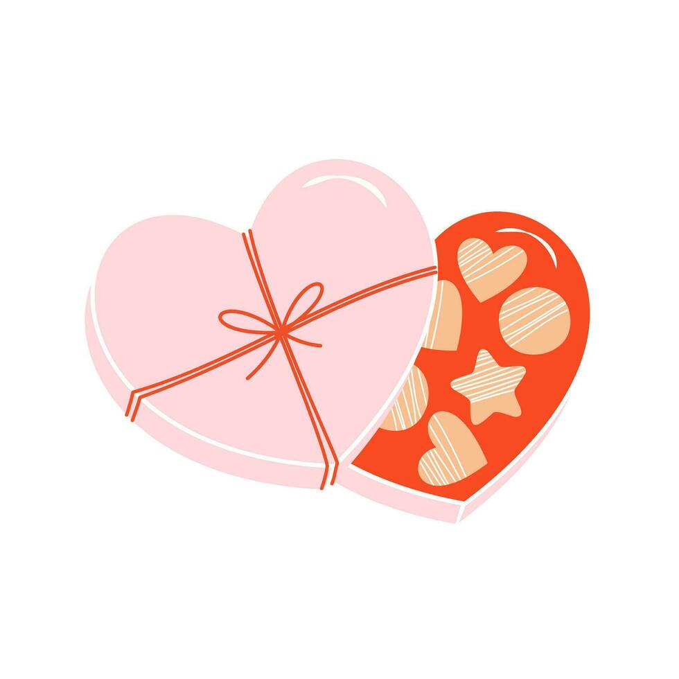 tekenfilm romantisch liefde valentijnsdag dag elementen en stickers. hart vorm geven aan, snoepgoed, taart en bloemen vector symbool. valentijnsdag dag romantisch voorwerpen. doos met diamant ring, envelop met brief.