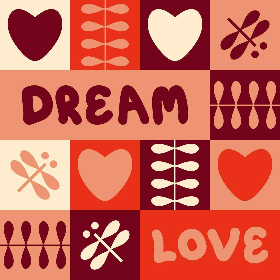romantisch Valentijn naadloos patroon met libellen, harten en tekst liefde droom. meetkundig afdrukken voor tee, papier, kleding stof, textiel. retro stijl vector illustratie voor decor en ontwerp.