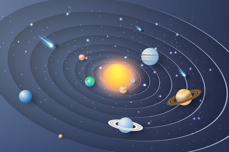 Papierkunst van de achtergrond van de cirkel van het zonnestelsel. vector