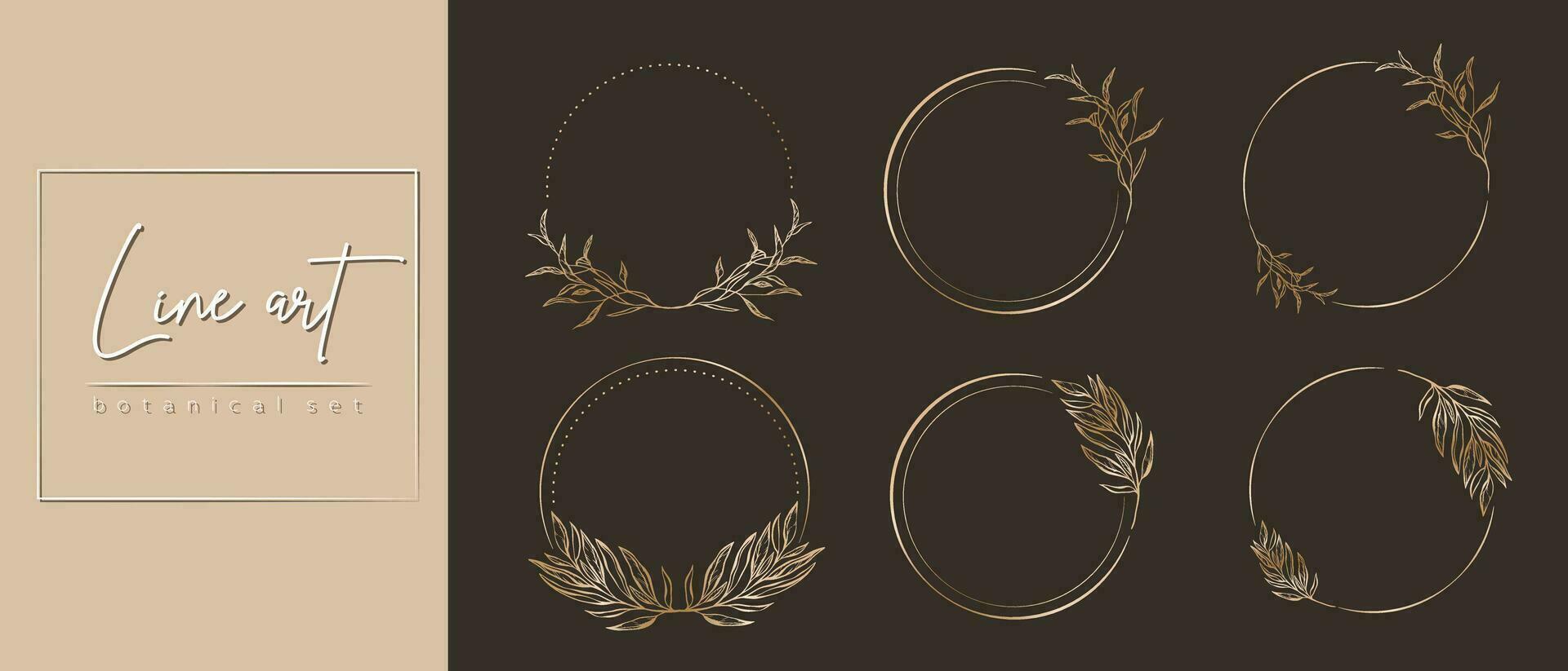 botanisch gouden cirkel kader set. hand- getrokken ronde lijn grens, bladeren en bloemen voor bruiloft uitnodiging en kaarten, logo ontwerp, sociaal media en posters sjabloon. elegant minimaal bloemen vector. vector