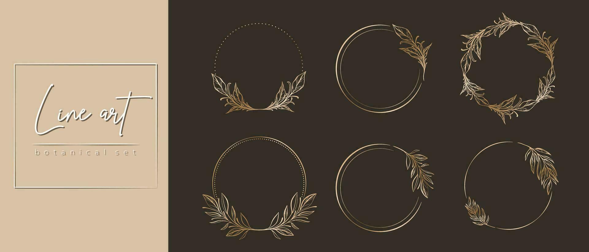 botanisch gouden cirkel kader set. hand- getrokken ronde lijn grens, bladeren en bloemen voor bruiloft uitnodiging en kaarten, logo ontwerp, sociaal media en posters sjabloon. elegant minimaal bloemen vector. vector