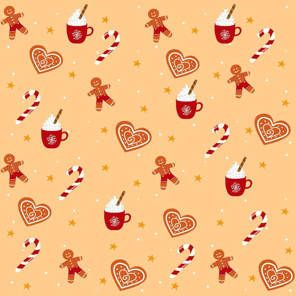 Kerstmis winter patroon concept. concept patroon met gember koekjes, cacao en karamel riet. vector illustratie