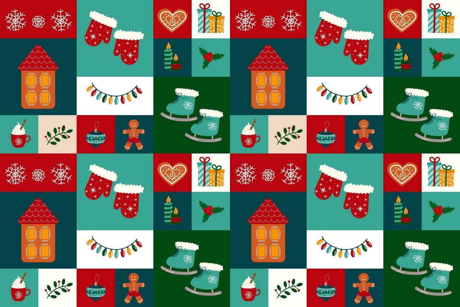 vrolijk Kerstmis abstract meetkundig patroon. wanten, schaatsen, karamel riet, peperkoek huis, kaarsen, ontbijtkoek, sneeuwvlokken, hulst in meetkundig stijl vector