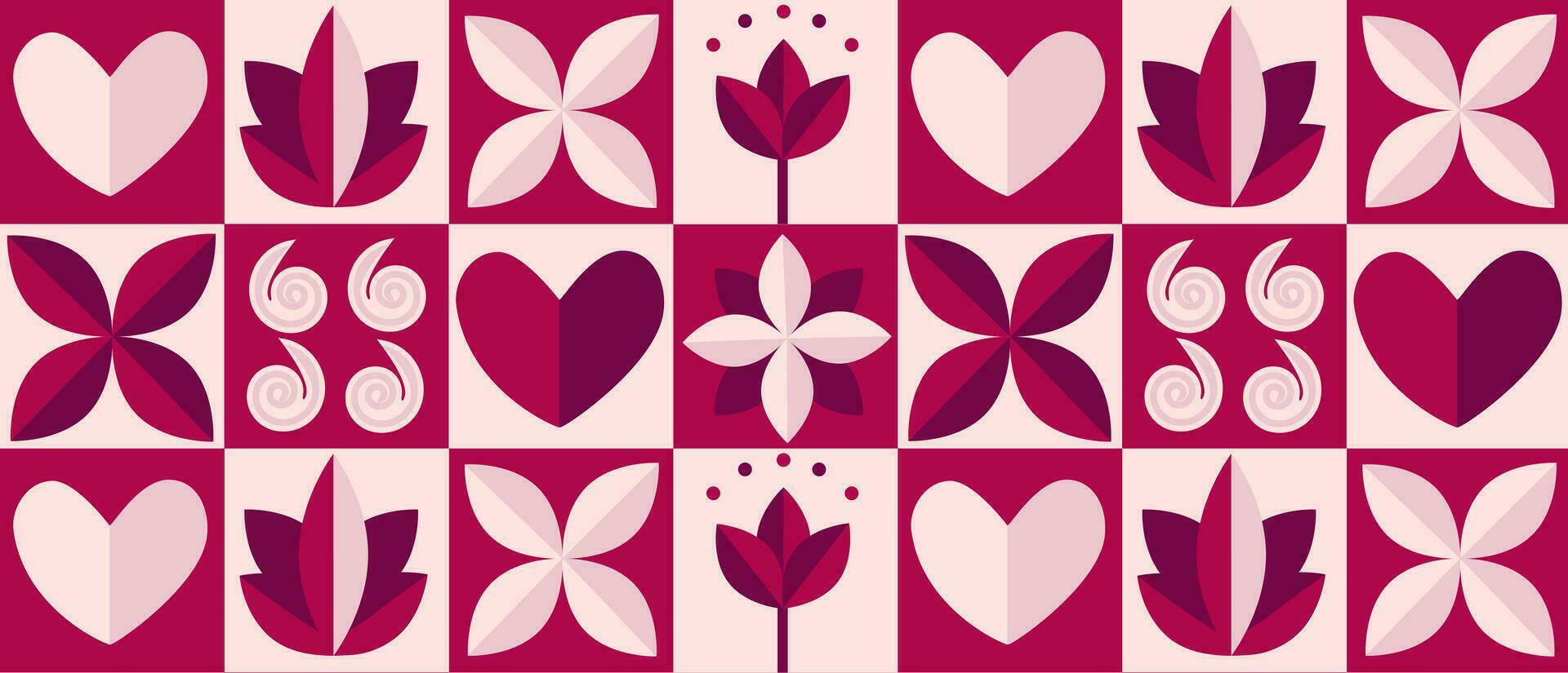 romantisch vector abstract meetkundig mozaïek- achtergrond met harten, bloemen in retro Scandinavisch stijl, roze rood tonen.