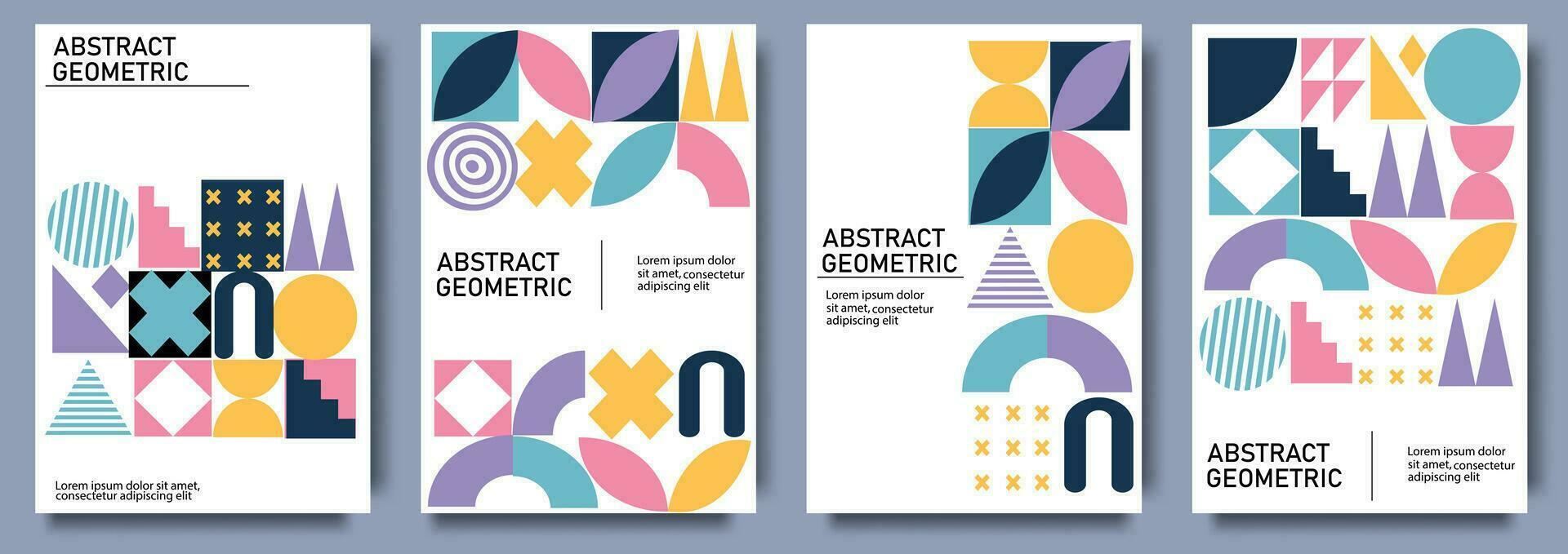 meetkundig posters met getextureerde meetkundig patronen en abstract vormen, retro Hoes ontwerp. modieus minimalistische poster met gemakkelijk figuren. modern Zwitsers esthetisch afdrukken vector reeks