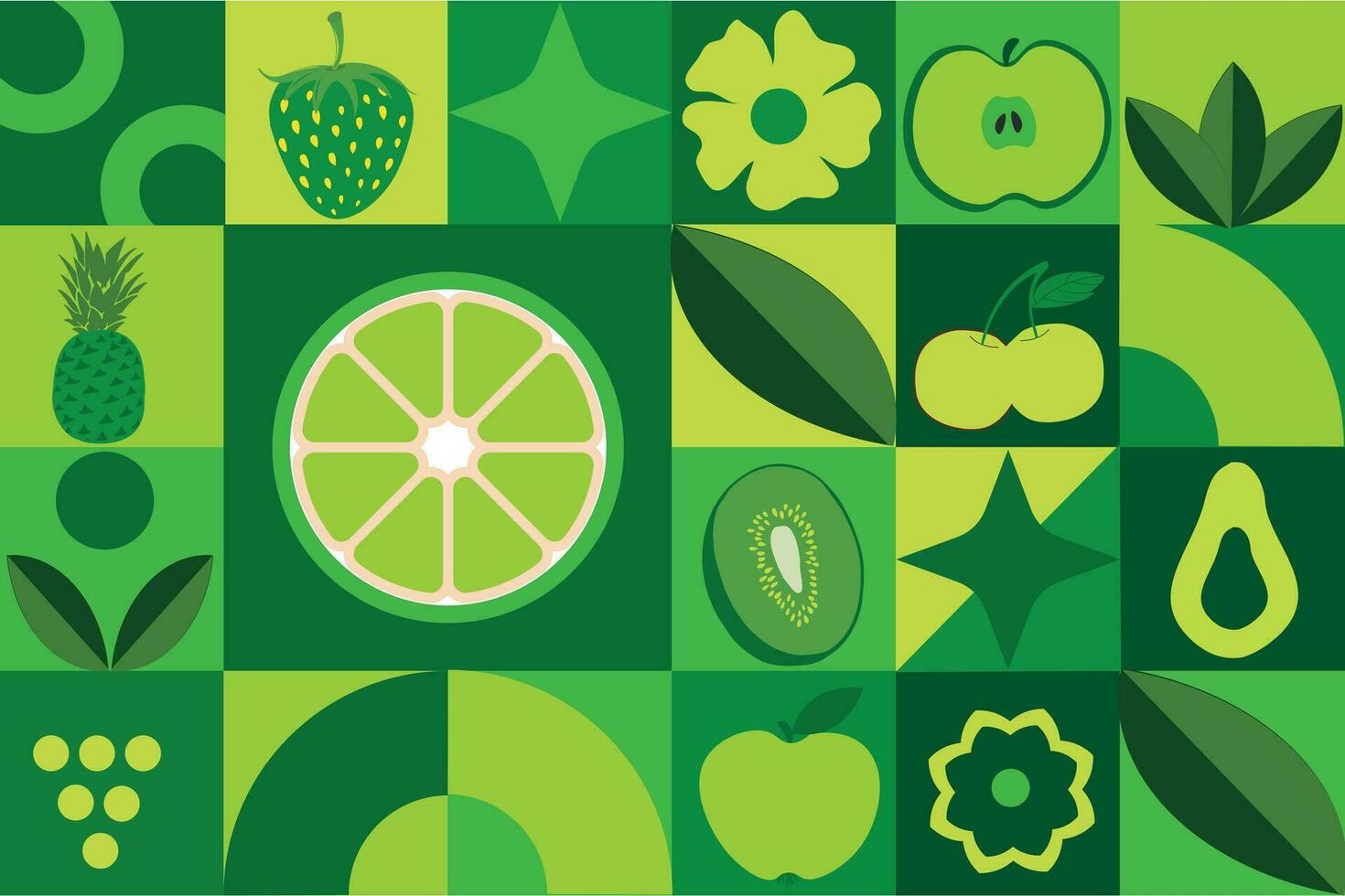 meetkundig biologisch naadloos patroon met vruchten. meetkundig zomer vers fruit besnoeiing artwork poster met kleurrijk gemakkelijk vormen. Scandinavisch stijl vlak abstract vector patroon ontwerp.