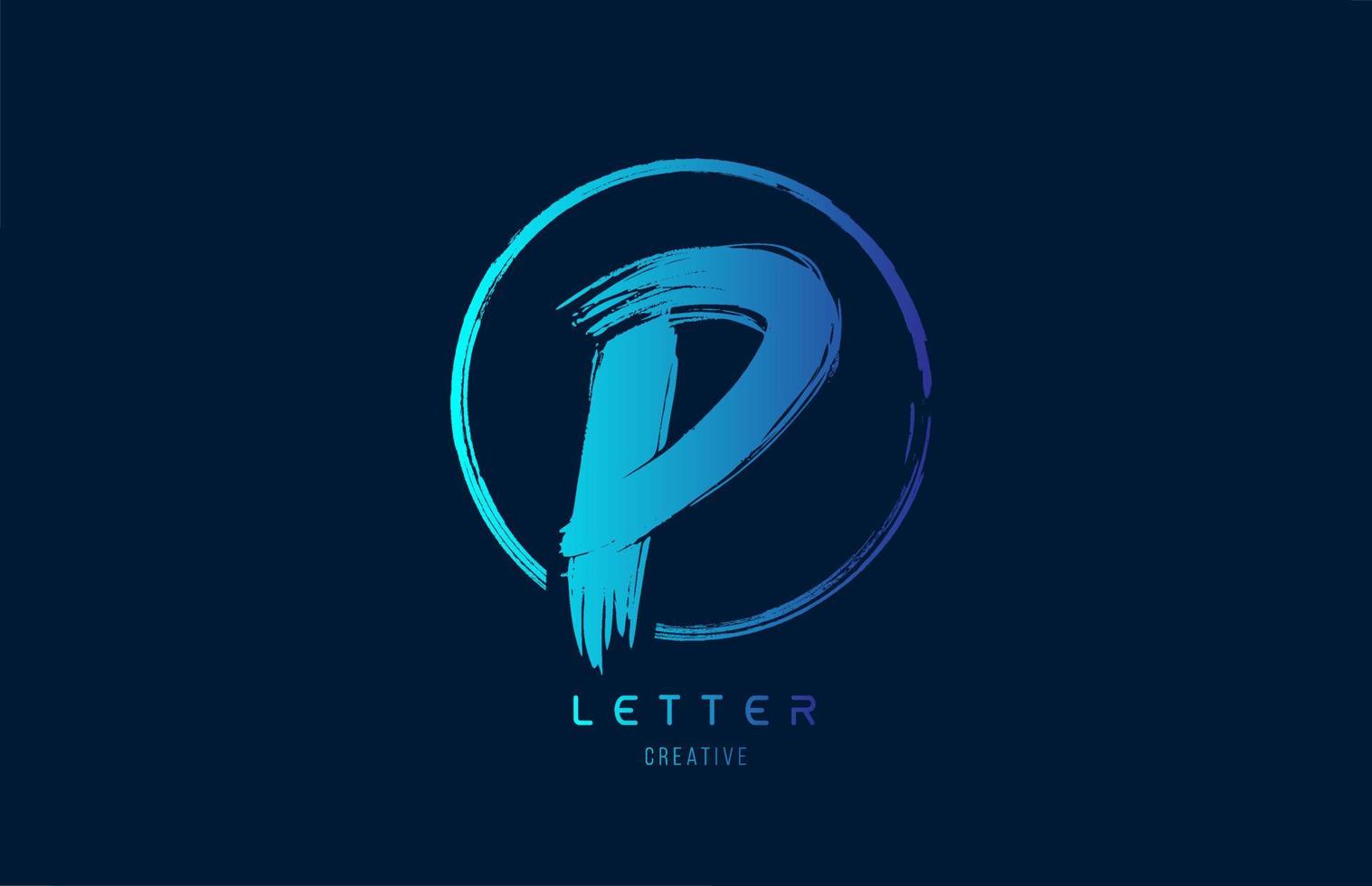 blauwe hand grunge borstel letter p pictogram logo met cirkel. alfabetontwerp voor een bedrijfsontwerp vector