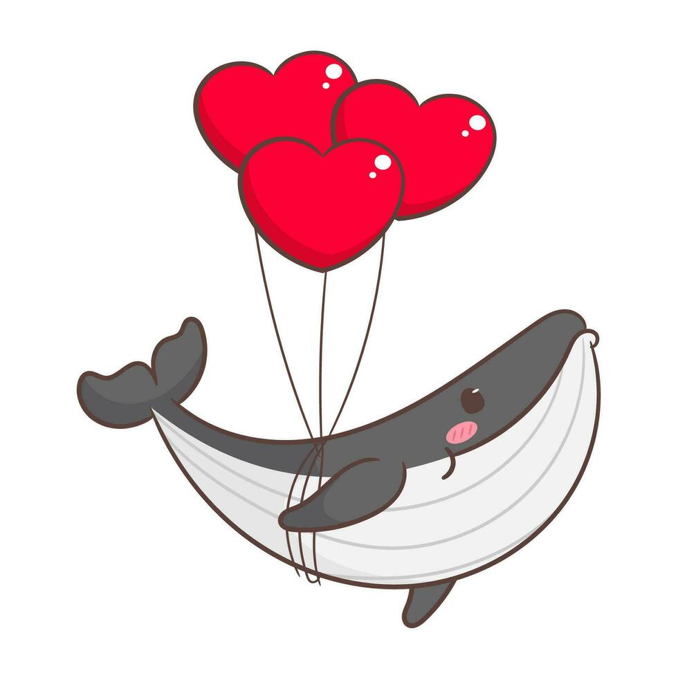 schattig walvis met liefde ballonnen tekenfilm vector illustratie. aanbiddelijk en kawaii dier concept ontwerp. onderzees aquatisch zoogdieren.geïsoleerd wit achtergrond.