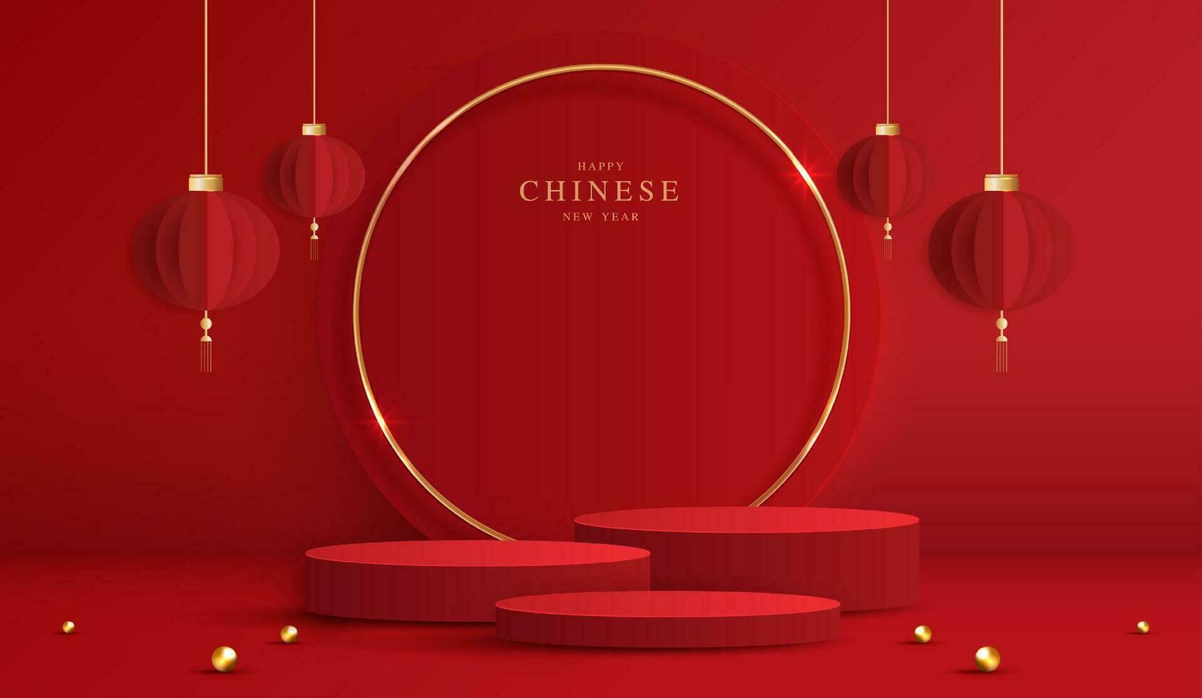 podium stadium Chinese stijl voor Chinese nieuw jaar en festivals of midden herfst festival met rood achtergrond. bespotten omhoog stadium met feestelijk lantaarns en wolken. vector ontwerp.