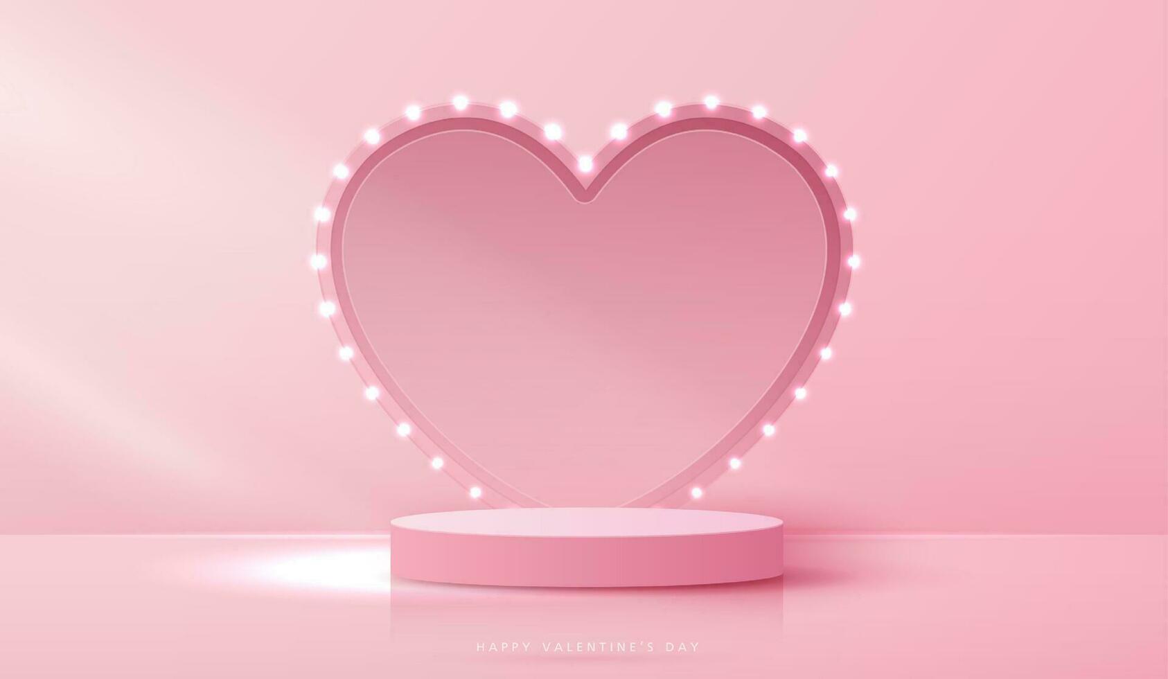 gelukkig valentijnsdag dag en stadium podium versierd met hart vorm verlichting. voetstuk tafereel met voor Product, kunstmatig, reclame, show, prijs ceremonie, Aan roze achtergrond en licht. vector ontwerp.