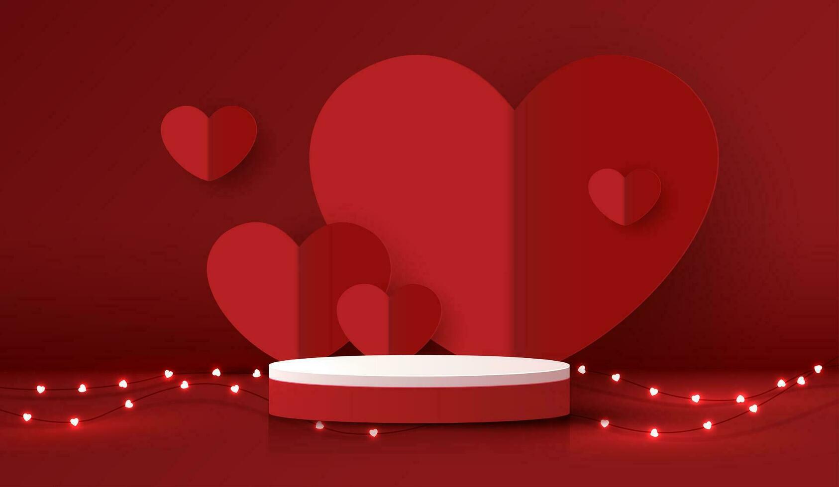 gelukkig valentijnsdag dag en stadium podium versierd met hart vorm geven aan. voetstuk tafereel met voor Product, kunstmatig, reclame, show, prijs ceremonie, Aan rood achtergrond en licht. vector ontwerp.