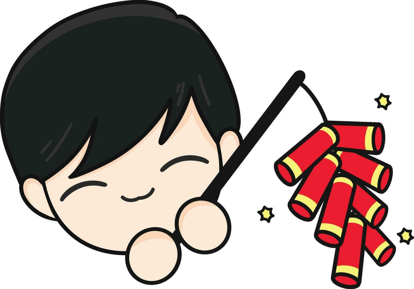 Chinese nieuw jaar, schattig mascotte kind met zwart haar- Holding vuurwerk, vuurwerk, en tekenfilm illustratie. vector