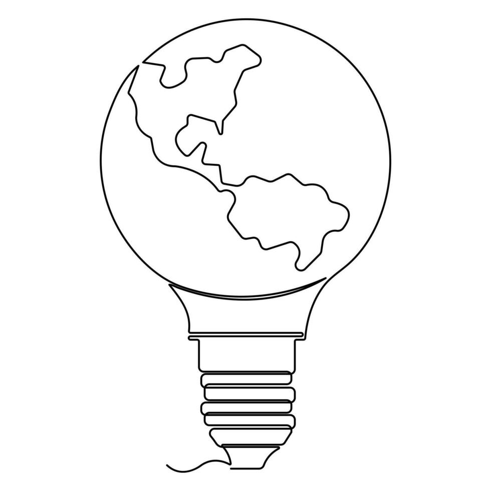 doorlopend single lijn kunst tekening aarde wereldbol binnen gloeilamp in schets vector concept van eco innovatie wereld aarde dag