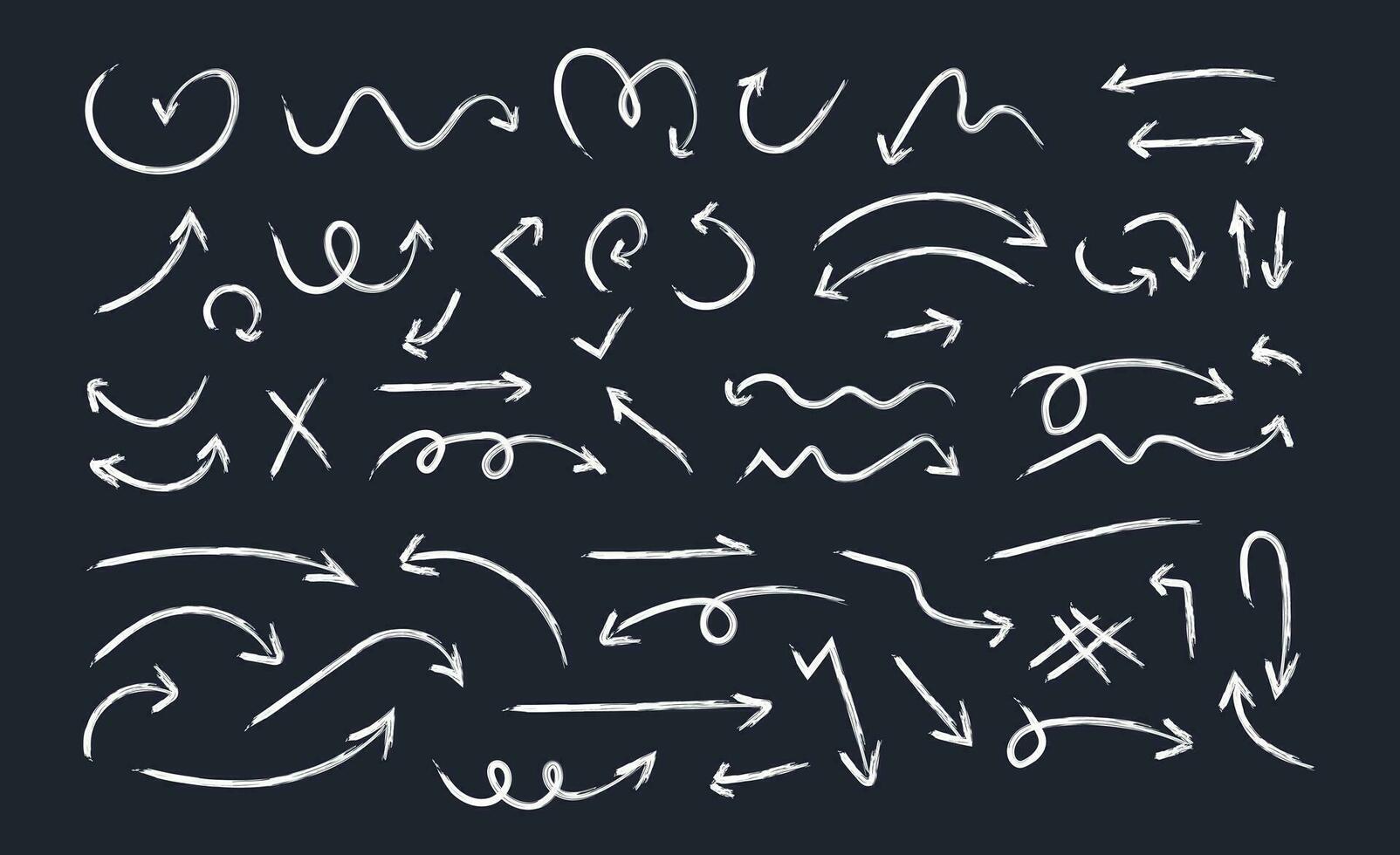 houtskool pijlen en hand- getrokken gebogen pijlen, uit de vrije hand verschillend lijnen, tekening stijl markeerstift tekening, zwart krijt lijnen, richting wijzer Aan zwart achtergrond vector illustratie.