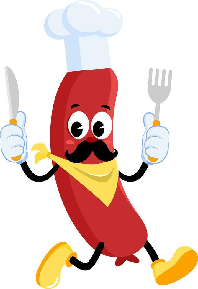 worst chef retro tekenfilm karakter met mes en vork rennen vector