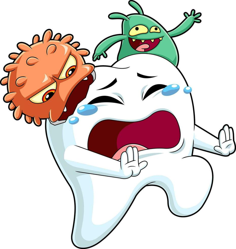 tand tekenfilm karakter aangevallen door bacterieën. vector hand- getrokken illustratie