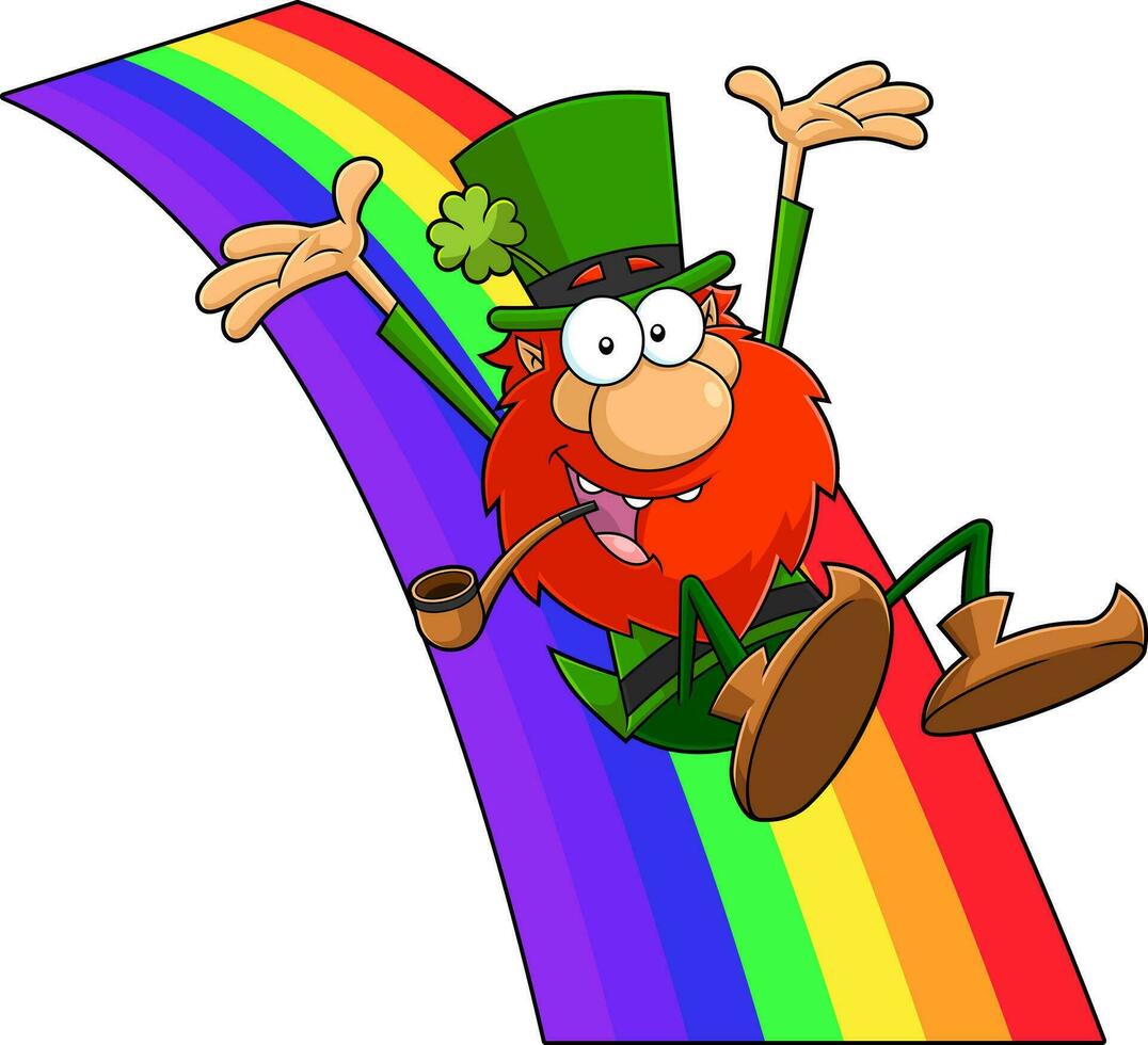 gelukkig elf van Ierse folklore tekenfilm karakter rijden een regenboog. vector hand- getrokken illustratie