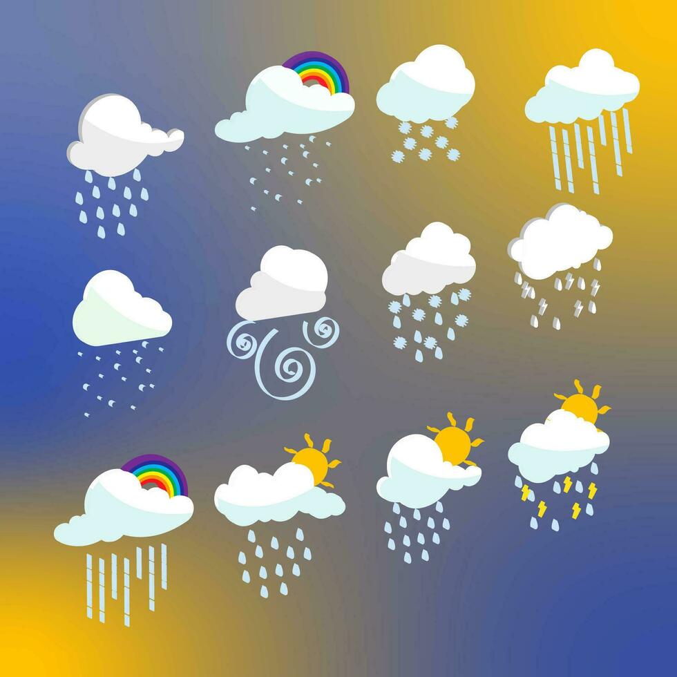 modern weer pictogrammen set, plasticine 3d weer pictogrammen, geven stijl zon, cumulus en sneeuwvlokken. modieus pluizig bubbels wolken, wind symbool, regendruppels. vector