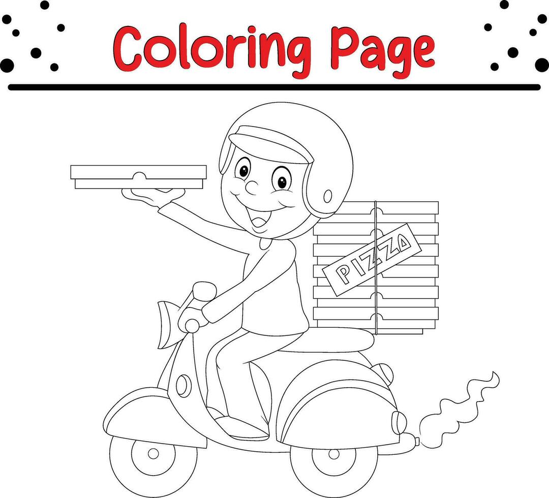 kleur bladzijde pizza levering jongen rijden motor fiets vector