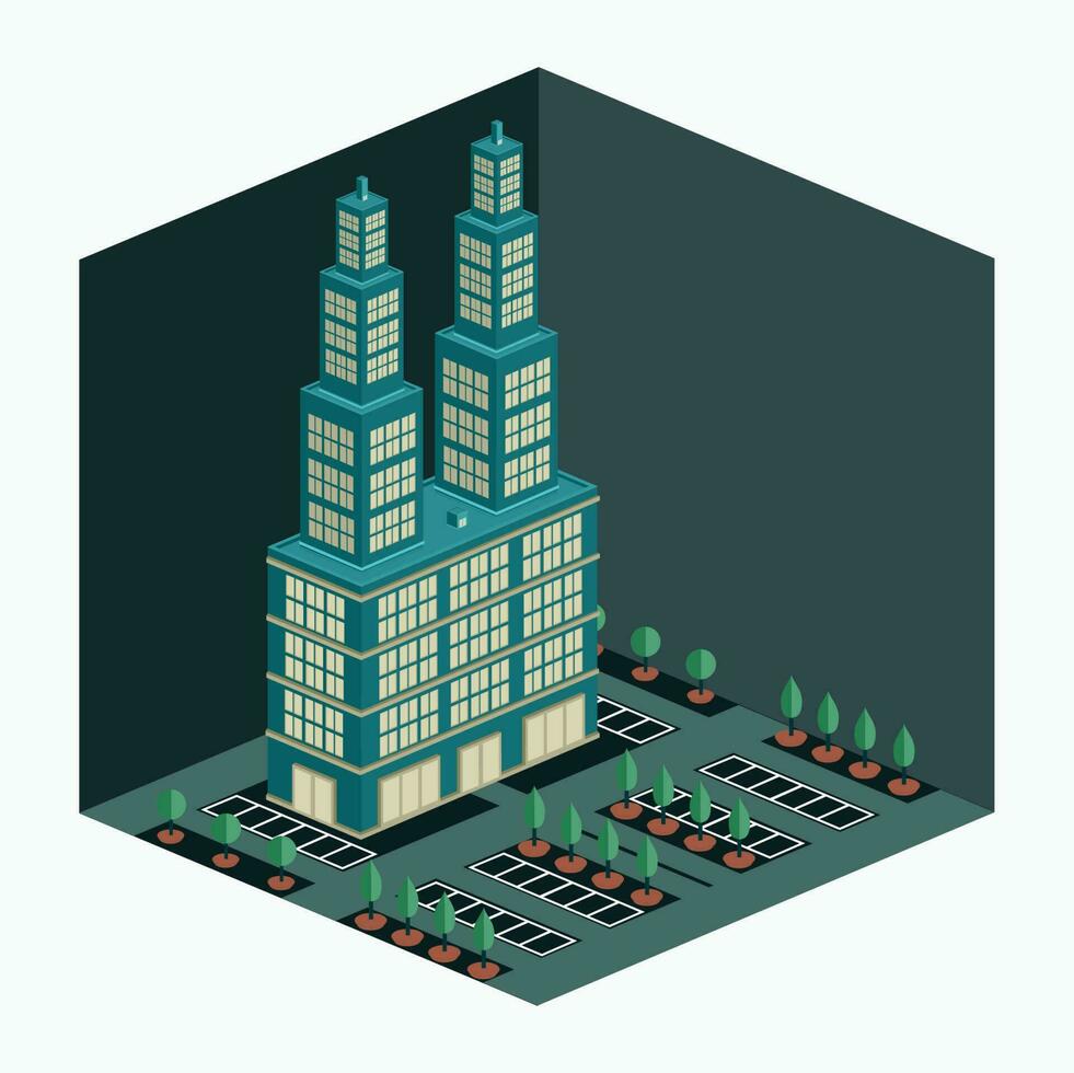 vector illustratie - tweeling toren hotel Bij de nacht - isometrische tekenfilm stijl