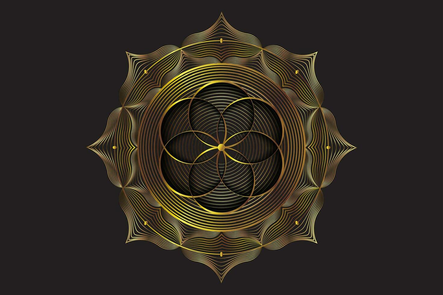 goud heilig lotus mandala, mystiek bloem van leven. heilig geometrie, vector logo grafisch element geïsoleerd. mysticus icoon zaad van leven, luxe abstract meetkundig esoterisch bloem Aan zwart achtergrond