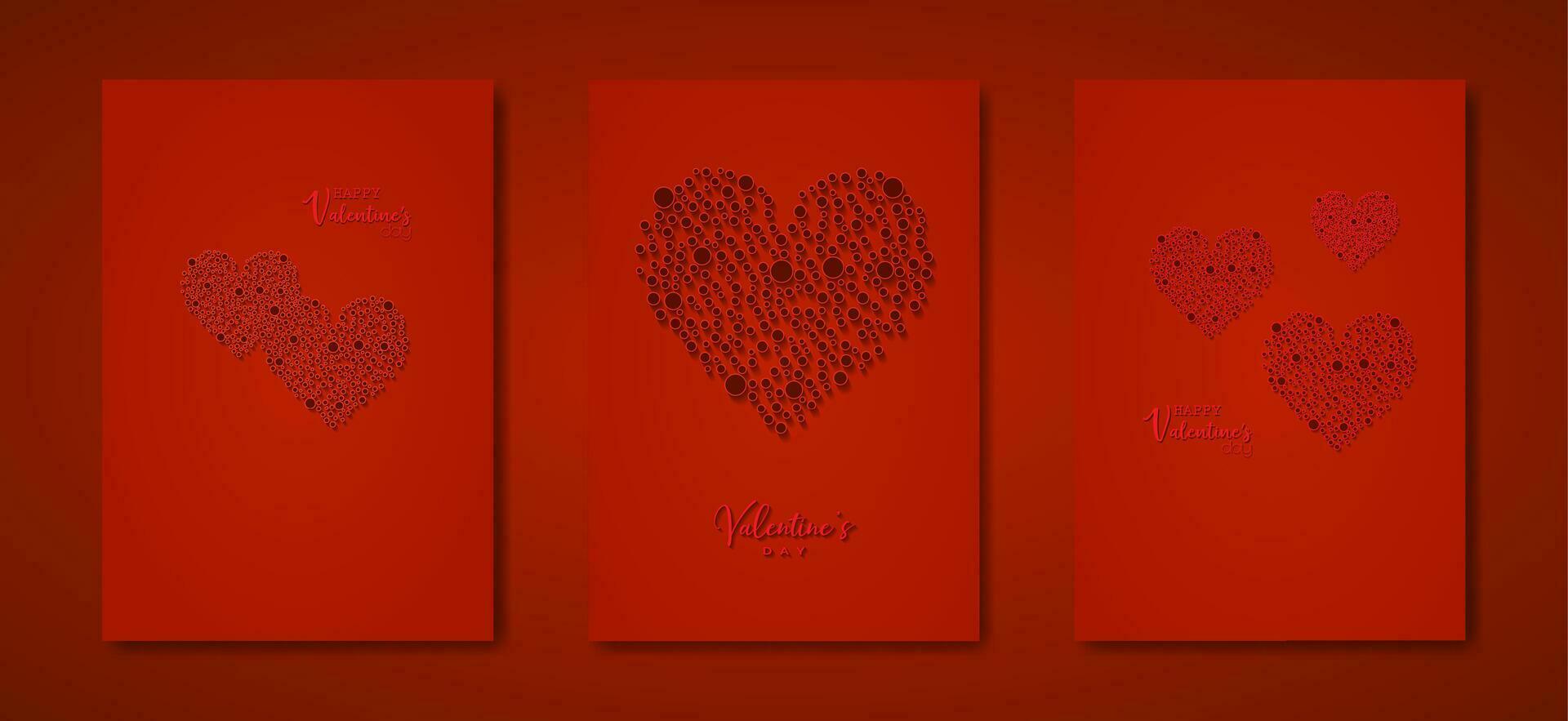 gelukkig valentijnsdag dag vector reeks groet kaart. rood dots harten Aan rood achtergrond. vakantie poster met tekst, juwelen. concept voor valentijnsdag banier, folder, partij uitnodiging, sieraden geschenk winkel