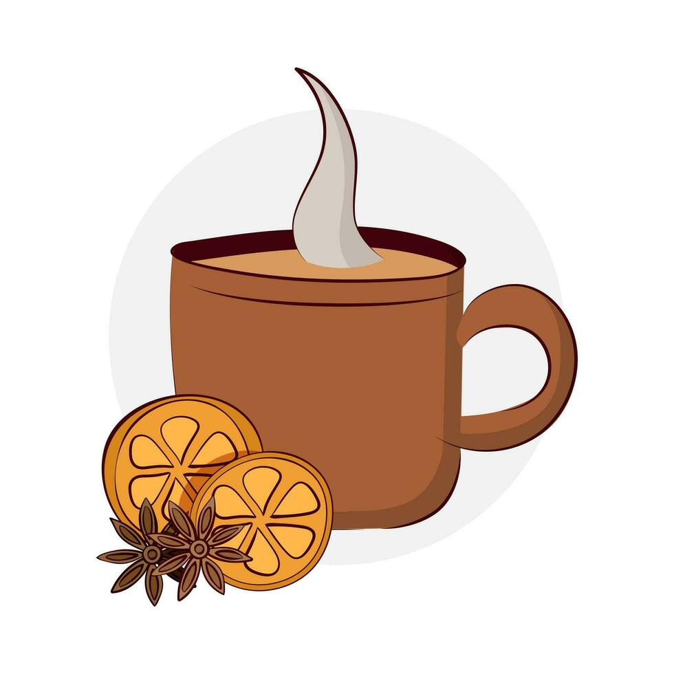 een kop van heet drinken met kaneel sterren, anijs en oranje plakjes. een mok van thee of koffie. vector