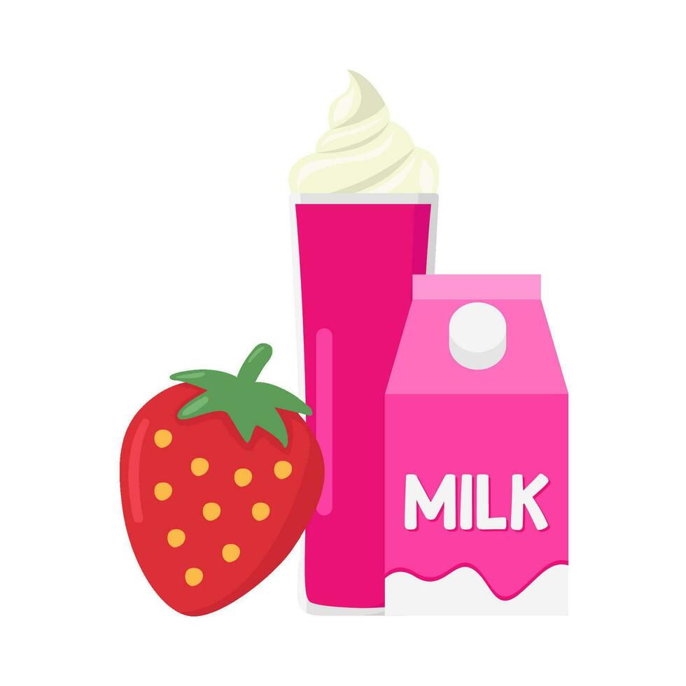 aardbei, doos melk aardbei met milkshake aardbei illustratie vector